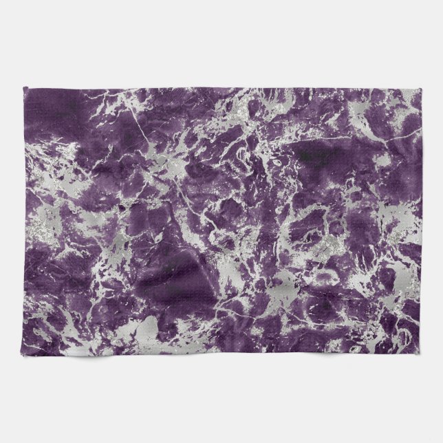 Linge De Cuisine Motif marbre moderne violet et argent (Horizontal)