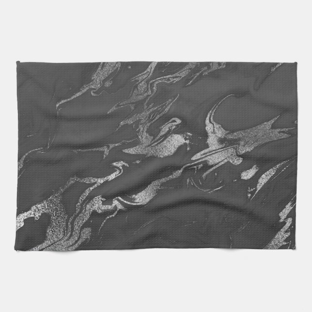 Linge De Cuisine Motif marbre noir et argent moderne (Horizontal)