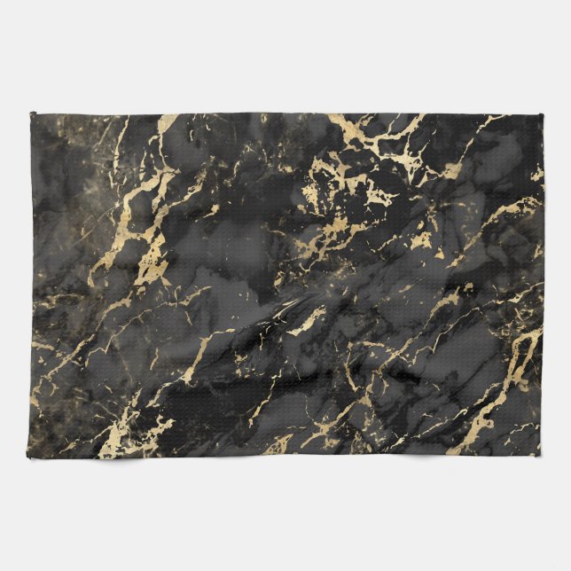 Linge De Cuisine Motif marbre noir et or moderne (Horizontal)