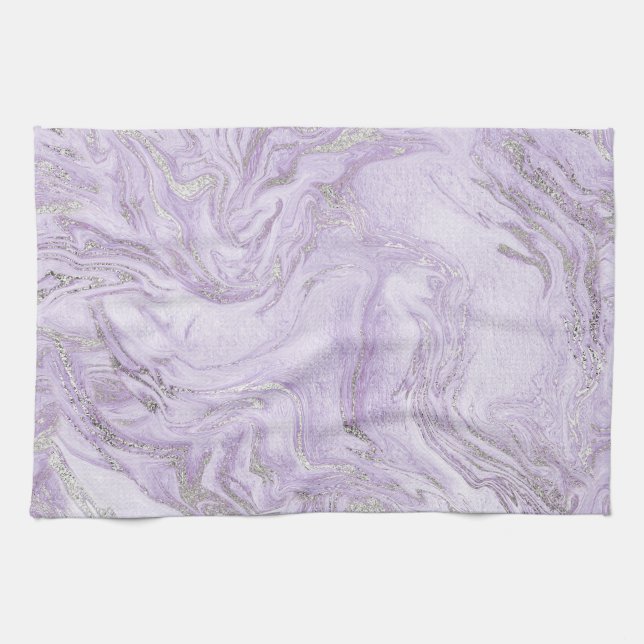 Linge De Cuisine Motif Marbre Violet Clair et Argent Moderne (Horizontal)