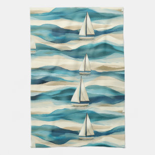 Linge De Cuisine Motif maritime côtier de voilier bleu vintage