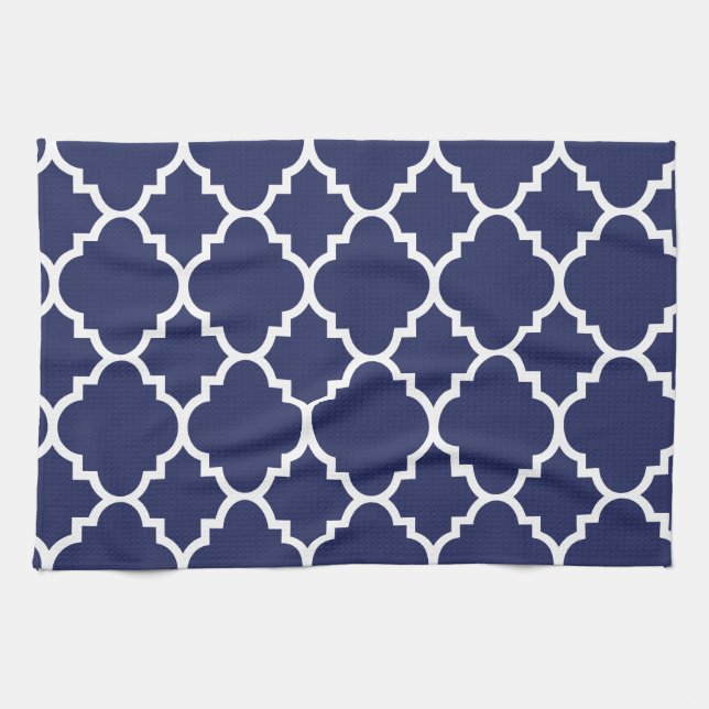 Linge De Cuisine Motif marocain blanc de Quatrefoil de bleu marine (Horizontal)