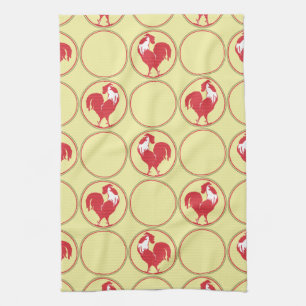 Linge De Cuisine Motif Médaillon Coq Rouge sur Fond Jaune
