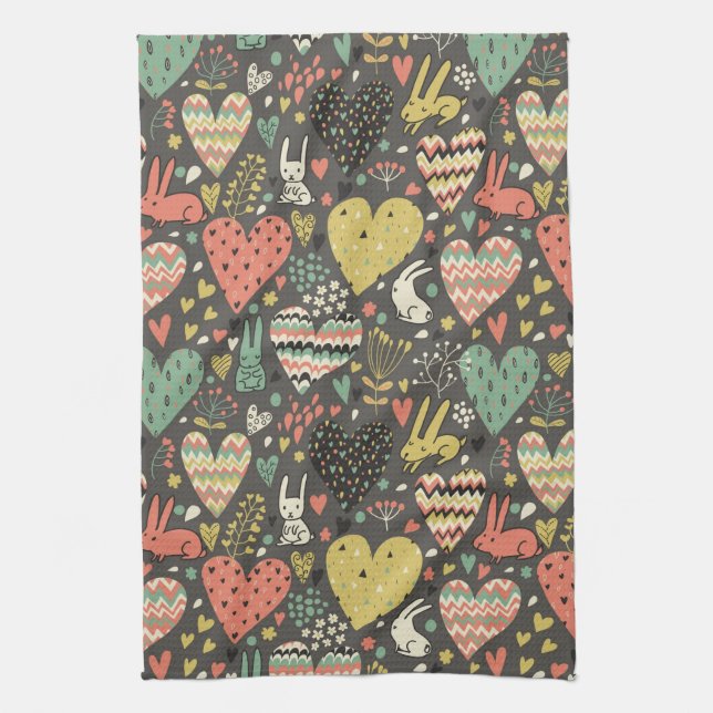 Linge De Cuisine Motif mignon de lapins d'amour avec des coeurs (Vertical)