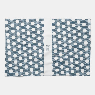 Linge De Cuisine Motif minimal bleu Hexagon blanc