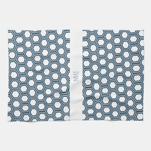 Linge De Cuisine Motif minimal bleu Hexagon blanc (Horizontal)