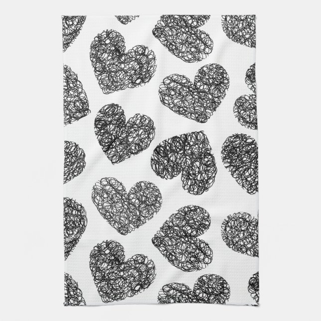 Linge De Cuisine Motif moderne Black and White Doodle Hearts (Vertical)