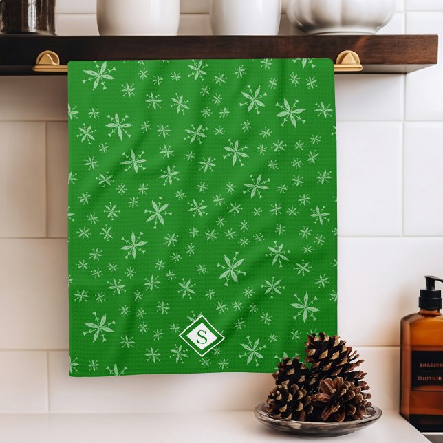 Linge De Cuisine Motif moderne Snowflake sur Green Monogramme (Créateur téléchargé)