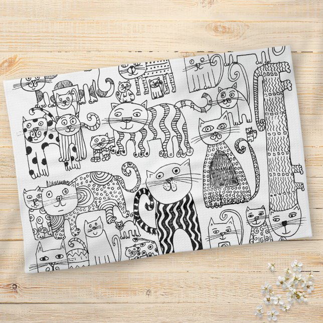 Linge De Cuisine Motif moderne tendance Chats Noirs et Blancs (Modern Trendy Black and White Cats Pattern Kitchen Towel)