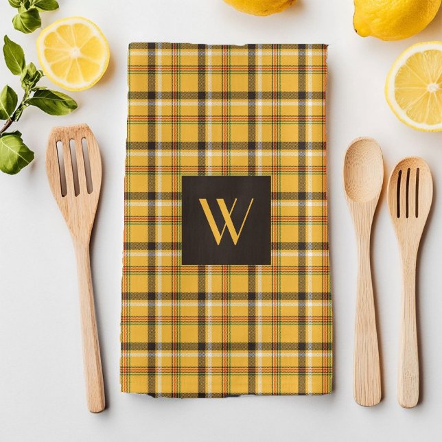 Linge De Cuisine Motif monogramme carreaux brun rustique (Rustic Brown Plaid Pattern Monogram Kitchen Towel)
