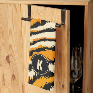 Linge De Cuisine Motif Monogramme Rayures de Tigre Noir Orange