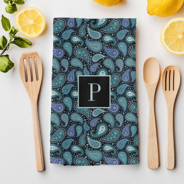 Linge De Cuisine Motif Paisley Bleu Rétro Monogramme (Monogram Retro Blue Paisley Pattern Kitchen Towel)