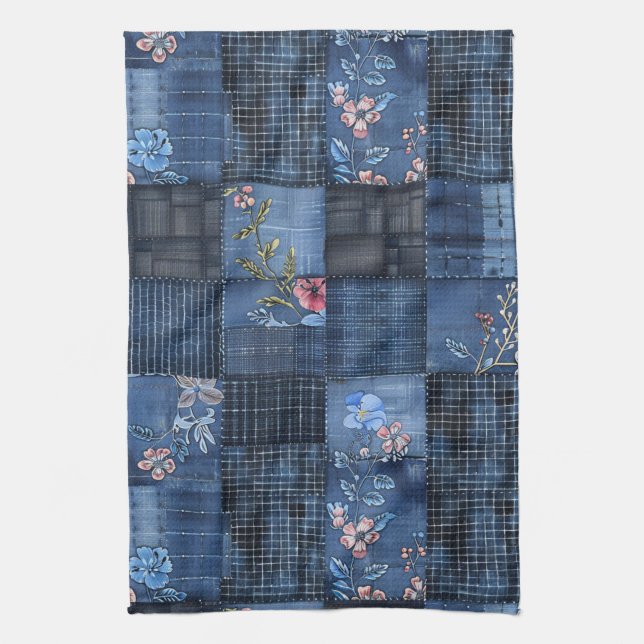 Linge De Cuisine Motif Patchwork Floral Indigo | Denim Bohème (Vertical)