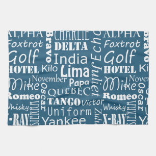 Linge De Cuisine Motif phonétique alphabétique blanc sur bleu marin