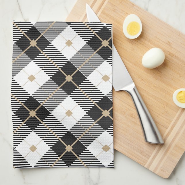 Linge De Cuisine Motif plaid Black Blanc tendance (Quart Plié)