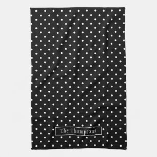 Linge De Cuisine Motif Points Blancs Sur Fond Noir Avec Nom Personn