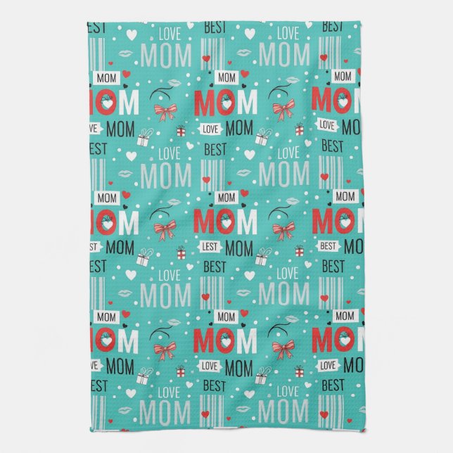 Linge De Cuisine Motif Pop Art MOM Amour en Turquoise (7) (Vertical)