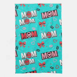 Linge De Cuisine Motif pop couleur turquoise vif coeurs arcs MAMAN