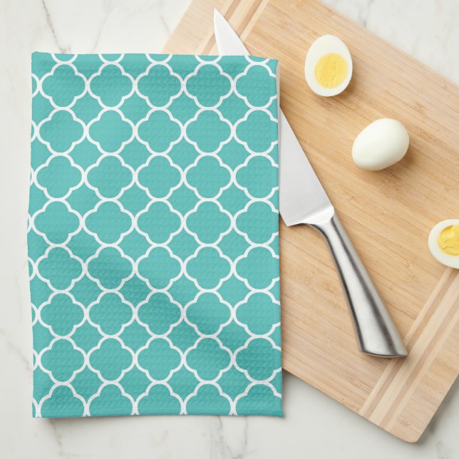 Linge De Cuisine Motif Quatrefeuille Sarcelle (Quart Plié)