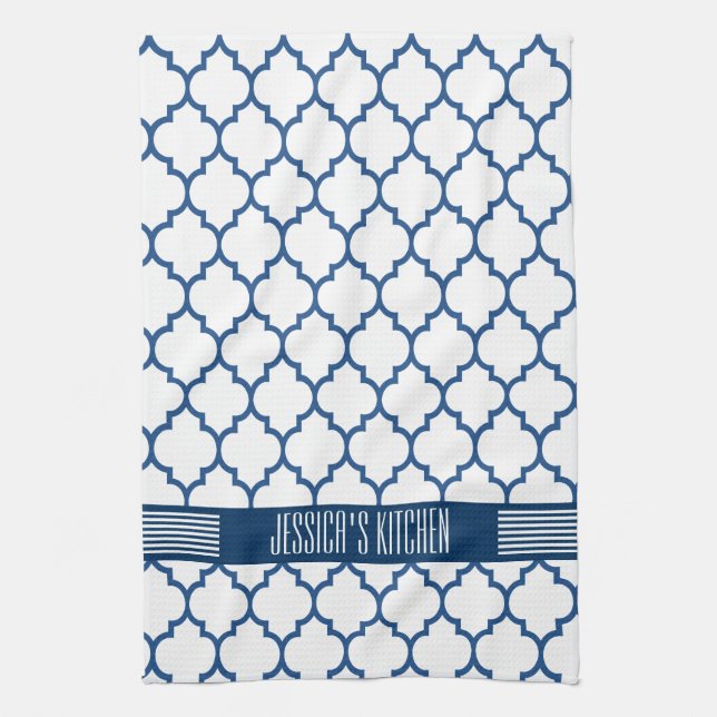 Linge De Cuisine Motif Quatrefoil bleu blanc et marine (Vertical)