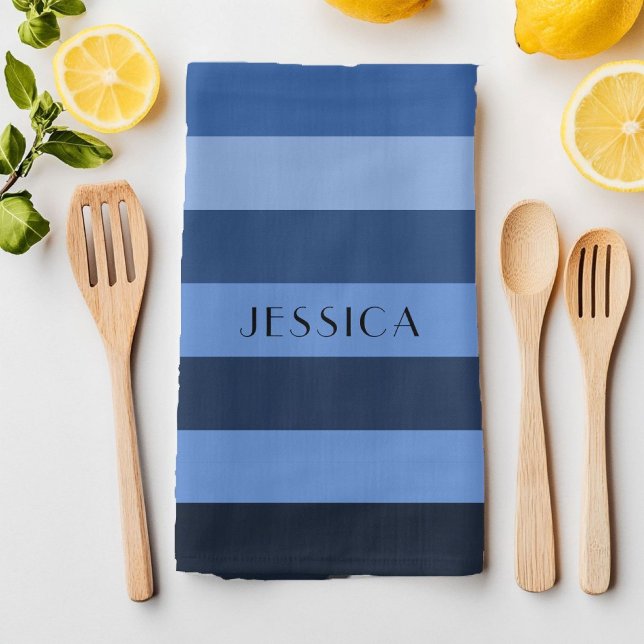 Linge De Cuisine Motif rayé bleu moderne Nom (Modern Blue Striped Pattern Name Kitchen Towel)