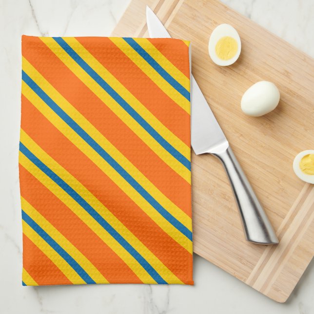 Linge De Cuisine Motif rayé bleu, orange et jaune gras (Quart Plié)