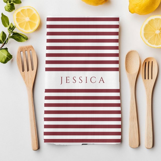 Linge De Cuisine Motif rayé bordeaux moderne nom (Modern Burgundy Striped Pattern Name Kitchen Towel)