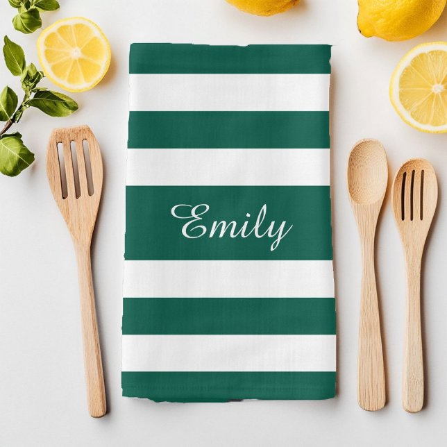 Linge De Cuisine Motif rayures noir et blanc Nom Imprimé (Black And White Stripes Pattern Name Print Kitchen Towel)