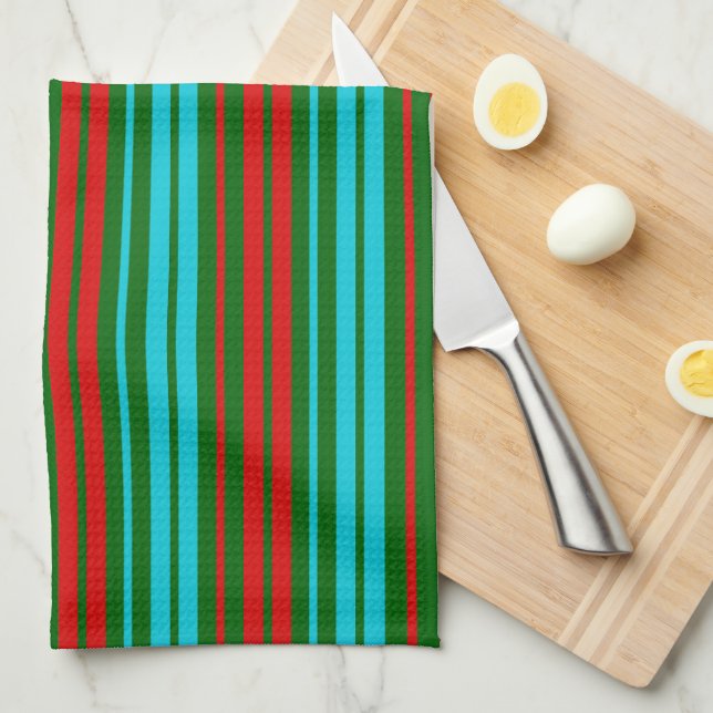 Linge De Cuisine Motif rayures vert rouge bleu   (Quart Plié)