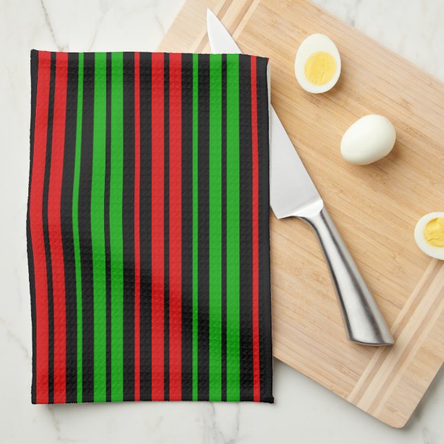 Linge De Cuisine Motif rayures vert rouge noir   (Quart Plié)
