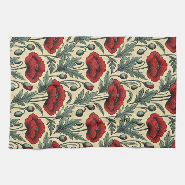 Linge De Cuisine Motif Red Poppies d'inspiration vintage (Horizontal)