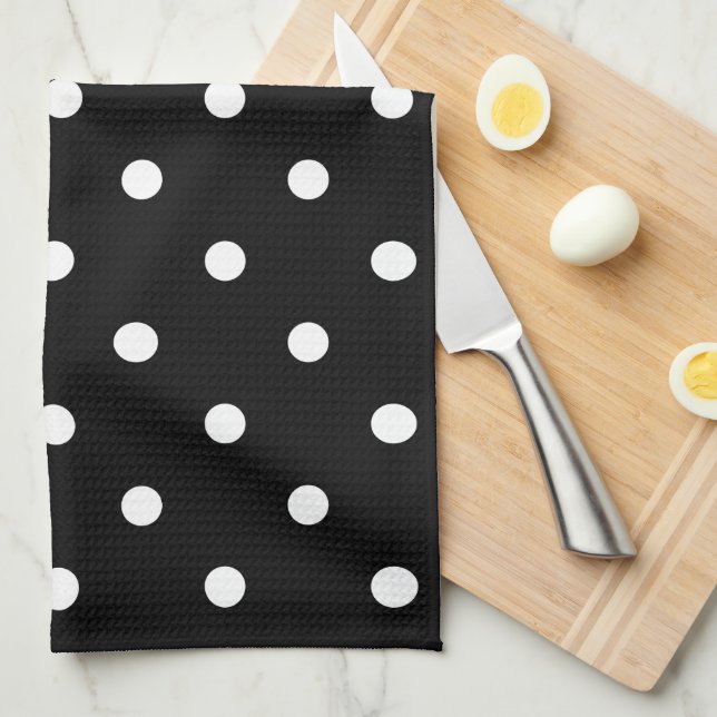 Linge De Cuisine Motif Rétro Points Blancs Sur Fond Noir (Quart Plié)