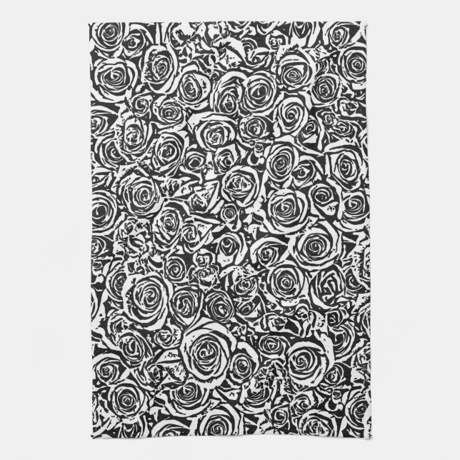 Linge De Cuisine Motif Rose Abstrait moderne, noir et blanc (Vertical)