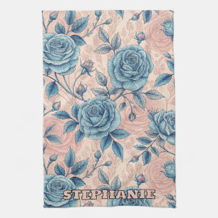 Linge De Cuisine Motif Rose bleu rétro sur Arrière - plan rose doux
