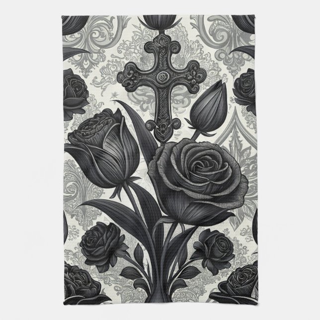 Linge De Cuisine Motif Rose Gothique Foncé (2) (Vertical)