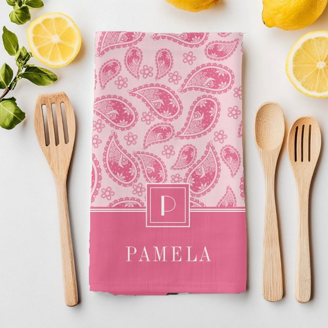 Linge De Cuisine Motif rose monogramme élégant (Elegant Monogram Pink Pattern Kitchen Towel)