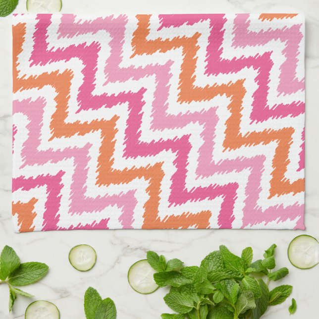 Linge De Cuisine Motif rose orange Zigzag Ikat (Plié)