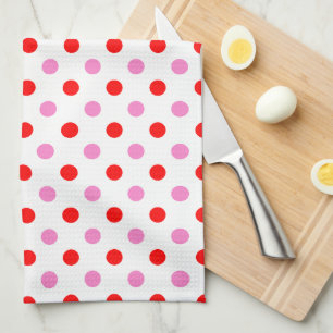 Linge De Cuisine Motif Rouge et Rose sur Fond Blanc à Points