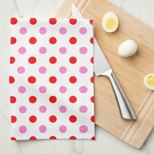 Linge De Cuisine Motif Rouge et Rose sur Fond Blanc à Points  (Quart Plié)