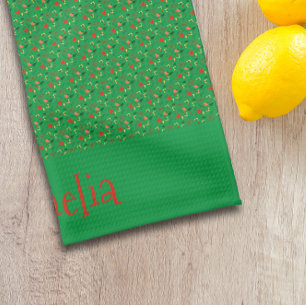 Linge De Cuisine Motif rouge jaune mini fleur sauvage vert