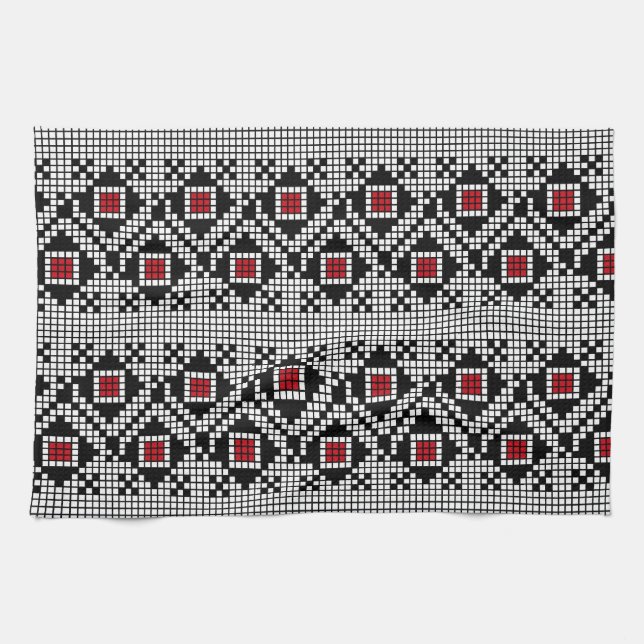 Linge De Cuisine Motif roumain géométrique rouge et noir (Horizontal)