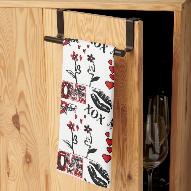 Linge De Cuisine Motif Saint-Valentin Rouge Noir Blanc (Pliage en tiers)