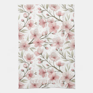 Linge De Cuisine Motif Sakura en fleurs de cerises roses sur blanc 