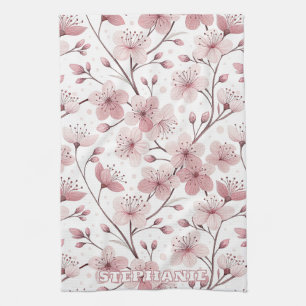 Linge De Cuisine Motif Sakura en fleurs de cerises roses sur blanc 