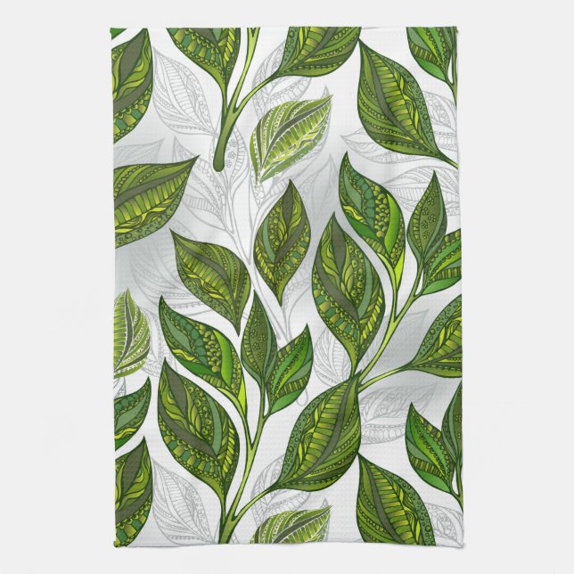 Linge De Cuisine Motif sans couture avec Feuilles de thé vert (Vertical)