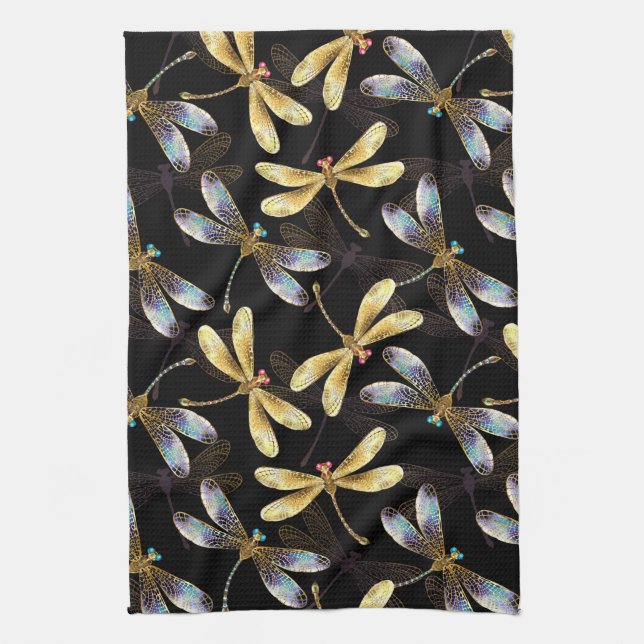 Linge De Cuisine Motif sans couture avec libellules d'or (Vertical)