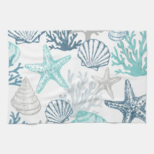 Linge De Cuisine Motif Seashell Starfish Bleu Et Turquoise