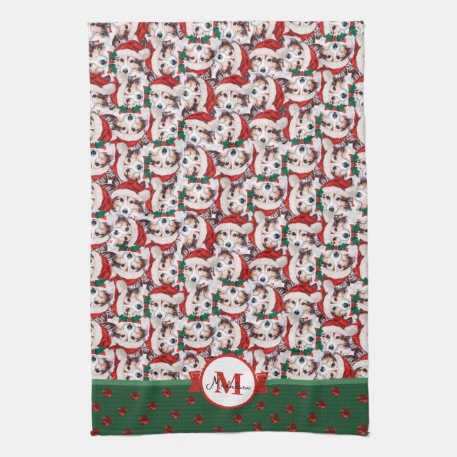 Linge De Cuisine Motif Sheltie Monogramme Noël Chien (Vertical)