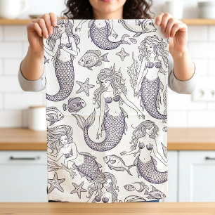 Linge De Cuisine Motif Sirène Bleue Vintage et Vie Marine