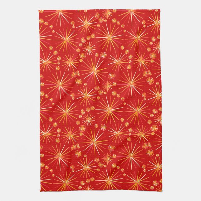 Linge De Cuisine Motif Sputnik de milieu de siècle, Rouge profond (Vertical)